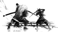Rule 34 | 2boys, braid, feather-trimmed jacket, fighting, from side, great shinobi owl, greyscale, highres, holding, holding sword, holding weapon, japanese clothes, long hair, male focus, megasus, monochrome, multiple boys, sekiro, sekiro: shadows die twice, short hair, standing, sword, very long hair, weapon