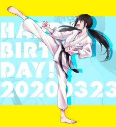 Rule 34 | 1girl, artist request, barefoot, belt, black belt, black hair, breasts, brown eyes, clenched hands, collarbone, dougi, english text, eyelashes, feet, female focus, fighting stance, fingernails, full body, hand up, happy birthday, high kick, highres, idolmaster, idolmaster cinderella girls, japanese clothes, karate gi, kicking, leg up, legs, long hair, long sleeves, long twintails, looking away, low twintails, martial arts belt, multicolored background, nakano yuka, namco, neck, outstretched arms, pants, shiny clothes, shirt, shirt under jacket, sidelocks, small breasts, soles, source request, spread arms, spread legs, standing, standing on one leg, sweat, sweatdrop, tiptoes, toenails, toes, twintails, very long hair, white pants, white shirt