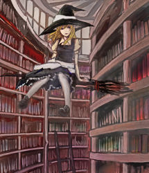 Rule 34 | 1girl, apron, bad id, bad pixiv id, blonde hair, blue eyes, book, bookshelf, braid, broom, broom riding, dress, female focus, full body, hat, indoors, kirisame marisa, library, shoes, short hair, sidesaddle, solo, touhou, voile, witch, witch hat, youmak