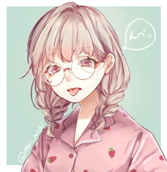 Rule 34 | 1girl, aqua background, blush, border, braid, commentary request, food print, glasses, light brown hair, looking at viewer, low twin braids, mai mugi, medium hair, nose blush, original, outside border, pajamas, pink eyes, pink pajamas, pink shirt, print shirt, rimless eyewear, round eyewear, shirt, simple background, solo, speech bubble, strawberry print, tongue, tongue out, twin braids, twitter username, upper body, white border