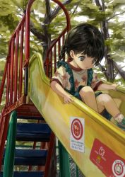 Rule 34 | 1girl, absurdres, bad id, bad twitter id, black eyes, black hair, blurry, braid, branch, chain-link fence, child, day, depth of field, female focus, fence, highres, open mouth, original, outdoors, playground, railing, sero3eta, shirt, short twintails, slide, sliding, solo, star (symbol), star print, tree, twin braids, twintails