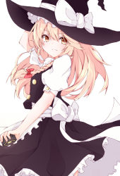 Rule 34 | 1girl, apron, black vest, blonde hair, bow, braid, buttons, cowboy shot, frilled skirt, frills, hair bow, hand on own head, hat, hat bow, highres, holding, kirisame marisa, long hair, mini-hakkero, nankotsu, puffy sleeves, shirt, short sleeves, simple background, single braid, skirt, smile, solo, star (symbol), touhou, vest, waist apron, white background, white bow, white shirt, witch hat, yellow eyes