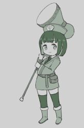 Rule 34 | 1girl, alternate costume, belt, belt pouch, blush stickers, boots, closed mouth, dress, full body, green theme, grey background, hammer, highres, holding, holding hammer, kimutomo 2, knee boots, kyoumachi seika, long sleeves, looking at viewer, monochrome, necktie, over shoulder, pillbox hat, pouch, short dress, short hair, simple background, smile, solo, standing, thighhighs, two-handed, voiceroid, war hammer, weapon, weapon over shoulder