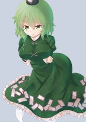 Rule 34 | &gt;:), 1girl, 307, breast hold, breasts, dress, female focus, frilled dress, frills, ghost, ghost tail, green dress, green eyes, green hair, hat, matching hair/eyes, short hair, simple background, smile, soga no tojiko, solo, tate eboshi, totoya z, touhou, v-shaped eyebrows