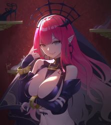 Rule 34 | 1girl, :d, arm under breasts, bangle, bare shoulders, black sleeves, blunt bangs, bracelet, breasts, circlet, cleavage, commentary request, detached collar, detached sleeves, earrings, baobhan sith (fate), baobhan sith (second ascension) (fate), fate/grand order, fate (series), grey eyes, hair between eyes, hand up, high heels, highres, indoors, jewelry, kojo (0124), large breasts, light particles, long hair, looking at viewer, navel, open mouth, pink hair, pointy ears, revealing clothes, shadow, sidelocks, signature, smile, solo, standing, stomach, teeth, upper body, upper teeth only, veil, wall