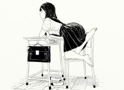 Rule 34 | 1girl, arched back, bag, bare legs, barefoot, briefcase, chair, closed mouth, desk, feet, from side, full body, greyscale, highres, hiwatari rin, monochrome, original, plantar flexion, profile, school bag, school briefcase, school chair, school desk, shoes, unworn shoes, short sleeves, soles, solo, toes, uwabaki