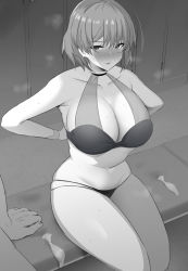 Rule 34 | 1boy, 1girl, adjusting clothes, bikini, bracelet, breasts, breath, cleavage, clothed female nude male, condom, greyscale, gridman universe, jewelry, large breasts, locker, locker room, looking at another, monochrome, mujina, multi-strapped bikini, noripachi, nude, short hair, sitting, skindentation, solo focus, ssss.dynazenon, sweat, swimsuit