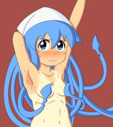 Rule 34 | 1girl, armpits, arms up, blue eyes, blue hair, blush, breasts, covering breasts, covering privates, hat, ikamusume, long hair, looking at viewer, matching hair/eyes, medium breasts, navel, nude, nyanarchist, red background, shinryaku! ikamusume, simple background, solo, squid girl, squid hat, sweat, tentacle hair, upper body, wavy mouth, white hat