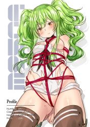 Rule 34 | 1girl, arms behind back, bad id, bad pixiv id, bare shoulders, bdsm, black neckwear, blush, bondage, boots, bound, breasts, brown footwear, choker, girls&#039; frontline, goyain, green hair, hair between eyes, hair over breasts, kerchief, long hair, looking at viewer, m950a (girls&#039; frontline), medium breasts, messy hair, mole, partially visible vulva, restrained, shirt, sidelocks, solo, thigh boots, thighhighs, thighs, torn clothes, twintails, white shirt, yellow eyes
