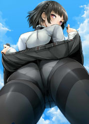 Rule 34 | 1girl, ass, ass focus, black hair, black pantyhose, blue sky, braid, clothes lift, cowboy shot, crotch seam, crown braid, day, from behind, from below, halterneck, hands up, highres, lifting own clothes, long sleeves, looking at viewer, looking back, looking down, nemu (nebusokugimi), niijima makoto, outdoors, panties, panties under pantyhose, pantyhose, persona, persona 5, purple eyes, shirt, short hair, sidelocks, skirt, skirt lift, sky, solo, turtleneck, underwear, zipper