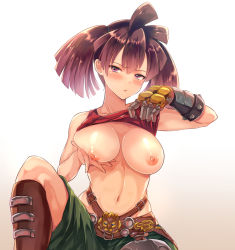 Rule 34 | 1girl, bare shoulders, belt, belt buckle, blush, boots, breast lift, breasts, buckle, calm mashiro, cestus (sekaiju), clothes lift, etrian odyssey, gauntlets, large breasts, long hair, looking at viewer, navel, nipples, purple eyes, purple hair, sekaiju no meikyuu, sekaiju no meikyuu 5, shirt lift, single gauntlet, sitting, solo, tank top, twintails