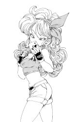 Rule 34 | 1girl, cowboy shot, crop top, dragon ball, dragon ball (classic), fenyon, fingerless gloves, gloves, greyscale, hair ribbon, hairband, highres, long hair, looking at phone, lunch (dragon ball), midriff, monochrome, navel, phone, ribbon, short shorts, shorts, simple background, solo, white background