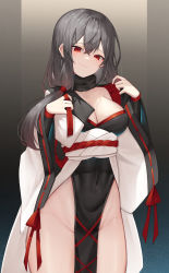 Rule 34 | 1girl, absurdres, aoria, black kimono, breasts, cleavage, covered navel, cowboy shot, gradient background, grey hair, groin, hands up, highres, japanese clothes, kimono, large breasts, long hair, long sleeves, looking at viewer, no panties, original, pelvic curtain, red eyes, smile, smug, solo, standing, thighs, wide sleeves