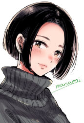 Rule 34 | 1girl, artist name, black hair, bob cut, brown eyes, character request, closed mouth, commentary request, earrings, forehead, glint, grey sweater, happy, himawari-san, jewelry, looking at viewer, short hair, signature, simple background, smile, solo, sugano manami, sweater, turtleneck, turtleneck sweater, upper body, white background