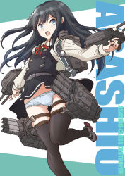 Rule 34 | 1girl, adapted turret, asashio (kancolle), asashio kai ni (kancolle), black hair, black thighhighs, blue eyes, cannon, character name, commentary request, cowboy shot, dress, fuji (pixiv24804665), highres, kantai collection, long hair, long sleeves, machinery, open mouth, panties, pantyshot, pinafore dress, round teeth, shirt, sleeveless, sleeveless dress, solo, teeth, thighhighs, torpedo launcher, turret, underwear, upper teeth only, white panties, white shirt