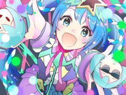 Rule 34 | 1girl, aoiyui, blue hair, commentary, from above, hair ornament, hatsune miku, hatsune miku expo, long hair, looking at viewer, multicolored clothes, open mouth, outstretched arms, roe, skirt, smile, solid oval eyes, star (symbol), star hair ornament, star in eye, sunglasses, symbol in eye, twintails, very long hair, vocaloid
