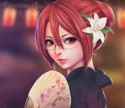 Rule 34 | 1girl, alternate hairstyle, aozaki touko, blurry, blurry background, commentary, depth of field, eyelashes, floral print, flower, glasses, hair between eyes, hair flower, hair ornament, hair up, hand fan, japanese clothes, kara no kyoukai, kimono, lantern, light smile, lips, lipstick, long hair, looking at viewer, makeup, miura-n315, nape, nose, paper fan, paper lantern, red eyes, red hair, solo, upper body, yukata