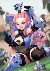 Rule 34 | 1girl, 2020, 5others, animal, animal ears, arm up, armor, armpits, bare shoulders, belt, black eyes, black thighhighs, blue sky, blush, breasts, castle, cat ears, cat girl, cat tail, chinese zodiac, dagger, day, fangs, flag, grass, greaves, halfway, helmet, highres, holding, holding dagger, holding flag, holding knife, holding sword, holding weapon, knife, mouse (animal), multiple others, navel, nengajou, new year, open mouth, original, outdoors, pink hair, pulling, purple eyes, scarf, shield, size difference, sky, smile, stuck, sweat, sword, tail, teeth, thighhighs, vambraces, weapon, year of the rat