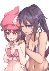 Rule 34 | 2girls, absurdres, animal ears, animal hat, bare arms, bare shoulders, bikini, blue eyes, blush, bow, bow bikini, breasts, brown hair, cleavage, collarbone, facial tattoo, hair between eyes, hand on another&#039;s shoulder, hands on own chest, hat, highres, interlocked fingers, llenn (sao), long hair, looking at viewer, medium breasts, multiple girls, navel, one eye closed, parted lips, pink bikini, pink bow, pink hat, pitohui (sao), ponytail, purple bikini, purple hair, rabbit ears, rabbit hat, red eyes, sidelocks, simple background, small breasts, swimsuit, sword art online, sword art online alternative: gun gale online, tattoo, very long hair, white background, zongren