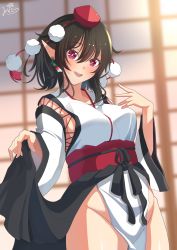 Rule 34 | 1girl, :d, amanoyayuki, black hair, blurry, blurry background, blush, breasts, bright pupils, clothes lift, collarbone, commentary request, cowboy shot, detached sleeves, earrings, groin, hair between eyes, hat, highres, holding, holding clothes, holding skirt, jewelry, kourindou tengu costume, lifting own clothes, looking at viewer, medium breasts, no panties, open mouth, pelvic curtain, pom pom (clothes), red eyes, red hat, shameimaru aya, short hair, sideboob, skirt, skirt lift, sleeves past elbows, sliding doors, smile, solo, standing, tassel, tokin hat, touhou, white pupils, wide sleeves