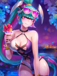 Rule 34 | 1girl, blunt bangs, breasts, cleavage, closed mouth, cocktail, cocktail glass, colored inner hair, cup, drinking glass, elico nya, green hair, high ponytail, holding, holding cup, large breasts, lilin (nyanko daisensou), long hair, looking at viewer, multicolored hair, navel, nyanko daisensou, one-piece swimsuit, purple eyes, purple hair, smile, solo, swimsuit, two-tone hair, two-tone swimsuit