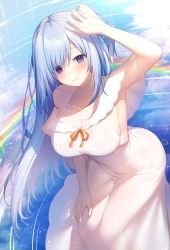 Rule 34 | 1girl, arm up, armpits, bare arms, bare shoulders, blue hair, blue theme, breasts, cleavage, collarbone, dress, emori miku, hand on own knee, highres, large breasts, liver city, long hair, looking at viewer, miko (royal milk), one side up, purple eyes, rainbow, reflection, ripples, see-through, sleeveless, sleeveless dress, smile, solo, sundress, very long hair, water, white dress