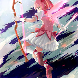 Rule 34 | 10s, 1girl, arrow (projectile), bow (weapon), dokyuu afro, dress, female focus, gloves, gradient background, kaname madoka, magical girl, mahou shoujo madoka magica, mahou shoujo madoka magica (anime), outdoors, pink eyes, short twintails, sky, solo, twintails, weapon, wings