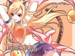 Rule 34 | 10s, 1girl, animal ears, arms up, belt, blonde hair, cat (trickster), cat ears, cat tail, collar, lingerie, long hair, midriff, official art, official wallpaper, red eyes, shirahane nao, skirt, solo, tail, trickster (ntreev soft), underwear, wallpaper