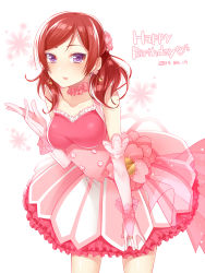 Rule 34 | 10s, 1girl, breasts, bridal gauntlets, dated, dress, earrings, english text, flower, gloves, hair flower, hair ornament, happy birthday, hattori masaki, highres, jewelry, large breasts, leaning forward, long hair, looking at viewer, love live!, love live! school idol festival, love live! school idol project, nishikino maki, open mouth, pink dress, purple eyes, red hair, solo