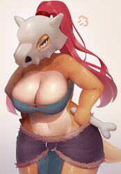 Rule 34 | 1girl, absurdres, blush, bone, breasts, cleavage, collarbone, colored skin, commission, creatures (company), cubone, dark skin, eyelashes, furry, furry female, game freak, gen 1 pokemon, gradient background, green eyes, hands on own hips, highres, holding, holding bone, large breasts, multicolored skin, navel, nintendo, pelvic curtain, personification, pokemon, ponytail, pout, sasayuki (kemonoyou), skeb commission, skirt, skull on head, solo, stomach, strapless, tail, tsurime, tube top, two-tone skin, wide hips