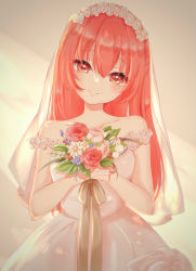 Rule 34 | 1girl, absurdres, beige background, blush, bouquet, bridal veil, closed mouth, collarbone, commentary request, cowboy shot, dress, flower, hair between eyes, head tilt, highres, holding, holding bouquet, looking at viewer, morumo888, off-shoulder dress, off shoulder, own hands together, pink hair, red eyes, ribbon, shadow, shiny clothes, shiny skin, sidelocks, sleeveless, sleeveless dress, smile, solo, tonikaku kawaii, veil, wedding dress, white dress, yuzaki tsukasa