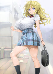 Rule 34 | 1girl, bag, black bag, black socks, blonde hair, blue skirt, bow, bowtie, breasts, building, clenched hand, clenched teeth, commentary request, dress shirt, feet out of frame, fence, hand up, holding, holding bag, huge breasts, ishikei, large breasts, long hair, looking at viewer, original, outdoors, paid reward available, parted lips, plaid, plaid skirt, pleated skirt, red bow, red bowtie, road, school uniform, shirt, short sleeves, sidewalk, skirt, socks, solo, taut clothes, teeth, thighs, translation request, white shirt