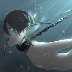 Rule 34 | 1boy, air bubble, animal ears, black hair, blue eyes, blurry, bubble, chain, chain leash, collar, depth of field, fins, free!, glowing, glowing eyes, hana (dqkmb362), head fins, leash, long tongue, looking at viewer, male focus, merman, monster boy, monsterification, nanase haruka (free!), nude, open mouth, outstretched arms, profile, restrained, sharp teeth, short hair, sideways glance, solo, spread arms, submerged, teeth, tongue, tongue out, underwater, upper body, webbed hands