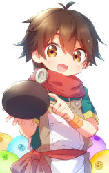 Rule 34 | 1boy, :d, absurdres, blush, bright pupils, brown eyes, brown hair, child, commentary request, creature, hair between eyes, happy, highres, holding, holding creature, kami-tachi ni hirowareta otoko, looking at viewer, male focus, nyaa (nnekoron), open mouth, red scarf, ryouma takebayashi, scarf, short hair, slime (creature), smile, solo focus, upper body, white background