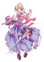 Rule 34 | 1girl, absurdres, alice margatroid, blonde hair, blue eyes, book, bow, dress, female focus, full body, gumitaroo, highres, lance, long hair, maid headdress, polearm, ponytail, red eyes, ribbon, shanghai doll, shoes, short hair, solo, string, touhou, transparent background, weapon, wire