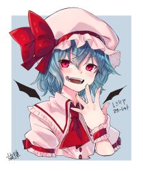 Rule 34 | 1girl, absurdres, ascot, bat wings, blue hair, bow, commentary request, fangs, hat, hat bow, highres, kneesocks senritsu, looking at viewer, mob cap, puffy short sleeves, puffy sleeves, red ascot, red bow, red eyes, remilia scarlet, short hair, short sleeves, slit pupils, solo, touhou, translation request, upper body, wings, wrist cuffs