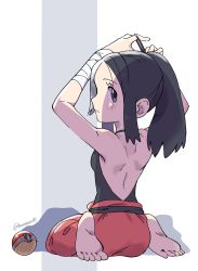 Rule 34 | 1girl, akari (pokemon), alternate costume, arm wrap, arms up, barefoot, black hair, blush, closed mouth, commentary, creatures (company), eyelashes, feet, full body, game freak, grey eyes, hair tie, highres, holding, hungry seishin, looking at viewer, looking back, nintendo, pants, poke ball, poke ball (legends), pokemon, pokemon legends: arceus, ponytail, red pants, shoulder blades, sidelocks, sitting, soles, solo, toes, twitter username