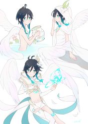 Rule 34 | 1boy, absurdres, androgynous, artist name, black hair, blue hair, blush, braid, bridal gauntlets, capelet, chest tattoo, closed mouth, commentary, crop top, elbow gloves, feathered wings, feathers, flower, genshin impact, gloves, gradient hair, green eyes, hair flower, hair ornament, highres, holding, holding jar, hood, hood down, hood up, hooded capelet, jar, jug (bottle), kagami (kagami), leaf, leg tattoo, looking at viewer, male focus, midriff, multicolored hair, navel, nude, partially submerged, red flower, robe, short hair with long locks, shorts, side braids, sidelocks, simple background, single thighhigh, smile, solo, symbol-only commentary, tattoo, thighhighs, twin braids, venti (archon) (genshin impact), venti (genshin impact), water, white background, white flower, white robe, white shorts, white wings, wings