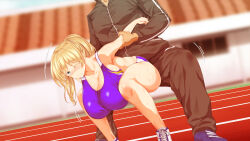 Rule 34 | 1girl, armpits, blonde hair, blue eyes, blurry, blurry background, blush, bouncing breasts, breasts, cleavage, embarrassed, exercising, hanging breasts, high ponytail, highres, huge breasts, legs, long hair, motion lines, one eye closed, original, outdoors, pants, raidon, rikujoubu joshi wa ore no nama onaho!!!, shoes, sneakers, squatting, stretching, thighs, track and field, track pants, track uniform