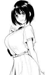 Rule 34 | 10s, 1girl, belt, black hair, blouse, blush, bob cut, breasts, commentary, greyscale, grin, hair between eyes, hand on own chest, idolmaster, idolmaster cinderella girls, jewelry, large breasts, looking at viewer, monochrome, necklace, parted lips, shirt, short hair, short sleeves, skirt, smile, solo, takafuji kako, tomohiro kai