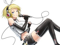 Rule 34 | 1girl, bad id, bad nicoseiga id, bare shoulders, belt, black gloves, black shorts, black thighhighs, blonde hair, blue eyes, blue nails, cable, collar, elbow gloves, fingerless gloves, fingernails, from side, gloves, groin, hair ribbon, hairband, headphones, holding, holding microphone, kagamine rin, knees up, lips, long fingernails, looking at viewer, microphone, midriff, nail polish, navel, parted lips, ribbon, shirt, short hair, short shorts, shorts, sitting, sleeveless, sleeveless shirt, solo, stomach, sugi 214, teeth, thighhighs, thighs, vocaloid, white ribbon, white shirt, zettai ryouiki