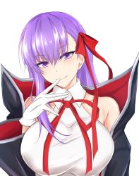Rule 34 | 1girl, bare shoulders, bb (fate), bb (fate) (all), bb (swimsuit mooncancer) (fate), bb (swimsuit mooncancer) (third ascension) (fate), black coat, blush, breasts, coat, collarbone, commentary request, fate/grand order, fate (series), finger to mouth, gloves, hair between eyes, hair ribbon, hand up, head tilt, high collar, huge breasts, long hair, long sleeves, looking at viewer, neck ribbon, purple eyes, purple hair, red ribbon, ribbon, shirt, simple background, single sidelock, smile, solo, upper body, watarase piro, white background, white gloves, white shirt, wide sleeves, wing collar