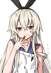 Rule 34 | 1girl, apron, blonde hair, blue sailor collar, blush, chocolate, closed mouth, collarbone, food, food on clothes, food on face, grey eyes, hair between eyes, highres, kantai collection, long hair, looking at viewer, sailor collar, shimakaze (kancolle), simple background, sleeveless, smile, solo, takanashi kei (hitsujikan), tongue, tongue out, upper body, white apron, white background