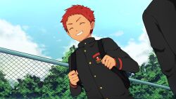 Rule 34 | 1boy, bacchikoi!, backpack, bag, blue sky, buttons, chain-link fence, closed eyes, cloud, collaboration, fence, game cg, kanada toshu, male focus, mazjojo, mikkoukun, non-web source, parted lips, red hair, school uniform, short hair, sky, smile, solo, teeth, tree, upper body, variant set, zamius