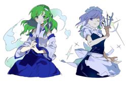 Rule 34 | 2girls, apron, asymmetrical hair, between fingers, blue dress, blue skirt, blush, braid, breasts, closed mouth, collared shirt, commentary, cowboy shot, detached sleeves, dress, floating hair, frog hair ornament, gohei, green eyes, green hair, green ribbon, hair between eyes, hair ornament, hair ribbon, holding, holding knife, iovebly, izayoi sakuya, knife, kochiya sanae, long hair, looking at viewer, maid, maid apron, maid headdress, medium breasts, medium hair, multiple girls, one eye closed, own hands together, purple eyes, ribbon, shirt, short sleeves, side braids, silver hair, simple background, skirt, smile, smoke, snake hair ornament, sparkle, symbol-only commentary, touhou, tress ribbon, twin braids, white background, white shirt, wide sleeves, wing collar