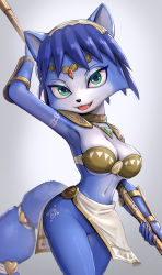 Rule 34 | 1girl, absurdres, animal ears, aqua eyes, arm tattoo, arm up, armor, armpits, bikini armor, blue hair, breasts, circlet, cleavage, fangs, fox ears, fox girl, fox tail, furry, furry female, gonzarez, highres, holding, holding staff, holding weapon, jewelry, krystal, leg tattoo, medium breasts, navel, neck ring, necklace, nintendo, shoulder armor, smile, snout, staff, star fox, tail, tattoo, vambraces, weapon