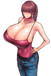 Rule 34 | 1girl, breasts, brown hair, cleavage, huge breasts, long hair, looking at viewer, original, pink shirt, red eyes, shirt, simple background, sleeveless, solo, tank top, upper body, white background, wolffeld price