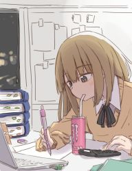 Rule 34 | 1girl, black ribbon, brown hair, brown sweater, calculator, can, character request, collared shirt, computer, copyright request, drinking straw, grey eyes, highres, holding, holding pen, laptop, long hair, monster energy, neck ribbon, paper, pen, po0000000000, ribbon, shirt, sidelocks, sitting, sweater, table, usb, white shirt