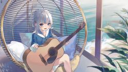 Rule 34 | 1girl, absurdres, beach, blue eyes, blue hair, blue hoodie, blue nails, blunt bangs, fins, fish tail, gawr gura, guitar, highres, hololive, hololive english, holomyth, hood, hoodie, instrument, looking at viewer, may.l, multicolored hair, nail polish, ocean, open mouth, pillow, plant, shirt, short twintails, sitting, solo, sunlight, tail, twintails, virtual youtuber, water, white shirt