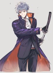 Rule 34 | 1boy, bags under eyes, cropped legs, drawing sword, fate/grand order, fate (series), formal, grey hair, holding, holding sword, holding weapon, katana, long coat, male focus, saitou hajime (fate), smile, solo, suit, sword, wani (mezo), weapon